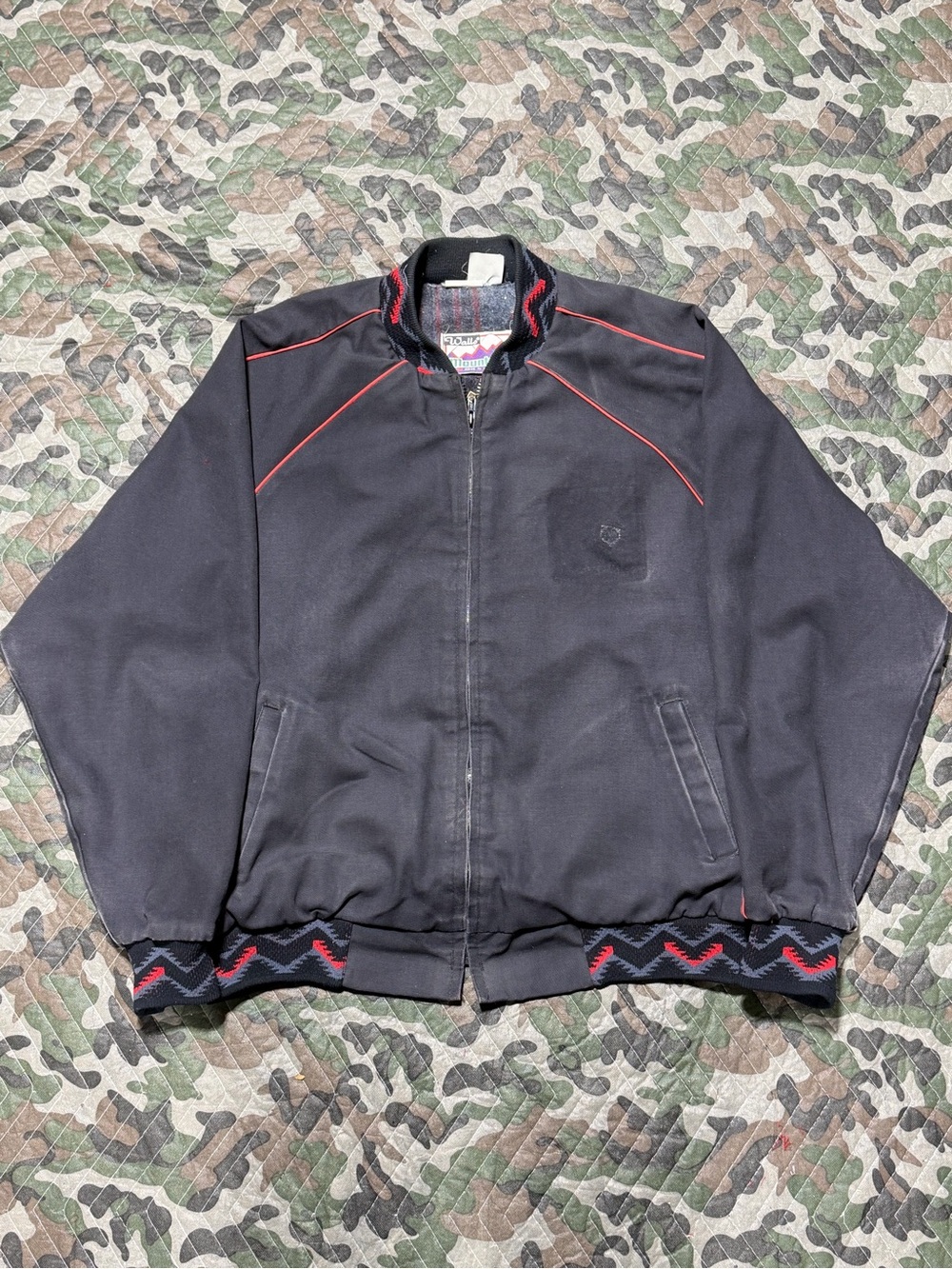 Men's Walls Black Bomber Jacket with Red Aztec Trim Blanket Lined